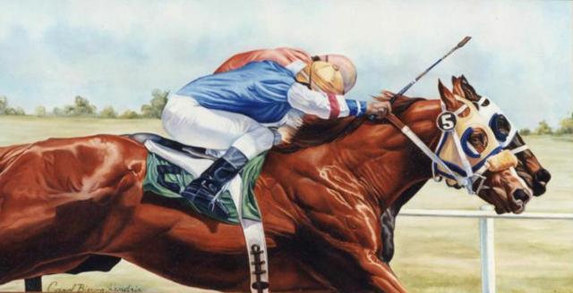 Two horses racing with jockeys. One horse is a red brown and the other a dark brown.